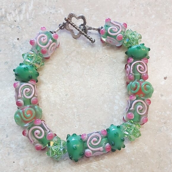 Cat lampwork glass beaded bracelet   sterling 7" long - Picture 1 of 3